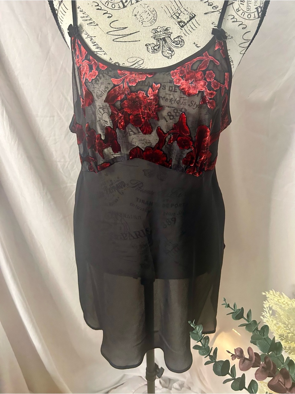 Vintage Oldmoney Gilligan & O'Malley Sheer Chemise with Red Floral Appliquรฉ